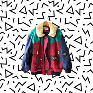 80s ski jacket green, burgundy and blue with padded interior on an 80s pattern background