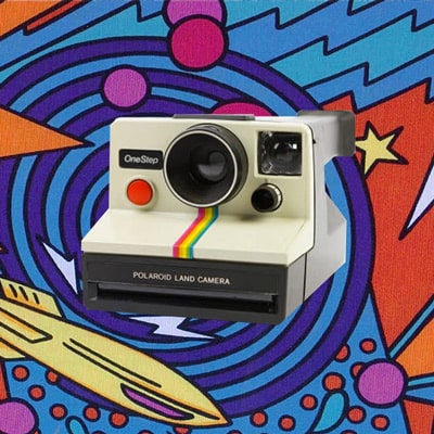 Polaroid Camera on a colourful 80s pattern background