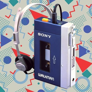 Sony Walkman 80s style grey and electric blue on an 80s pattern background